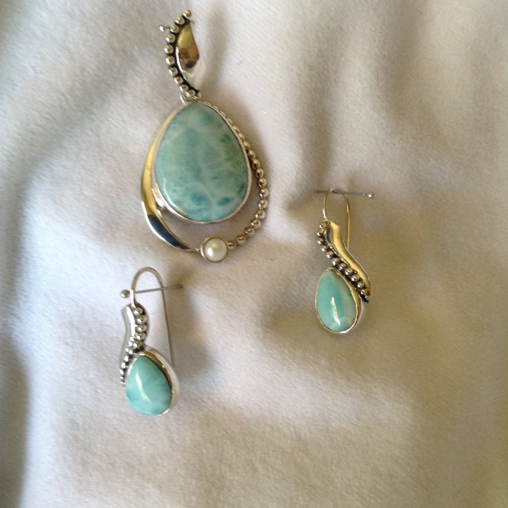Sajen Larimar Pendant Pearl Accent Sterling Silver with Matching Earrings - Picture 3 of 16